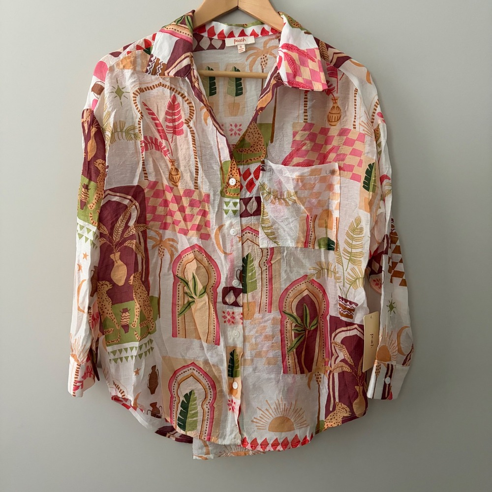 Peach Womens Eclectic Print Button Down Shirt Cheetah Tropical AT8018R-2 Small